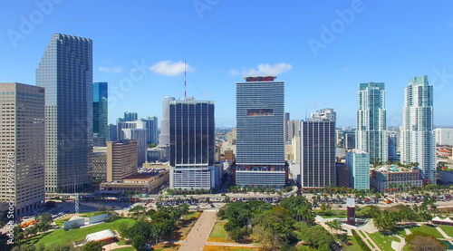 MIAMI - FEBRUARY 25, 2016: Downtown aerial skyline on a beautifu