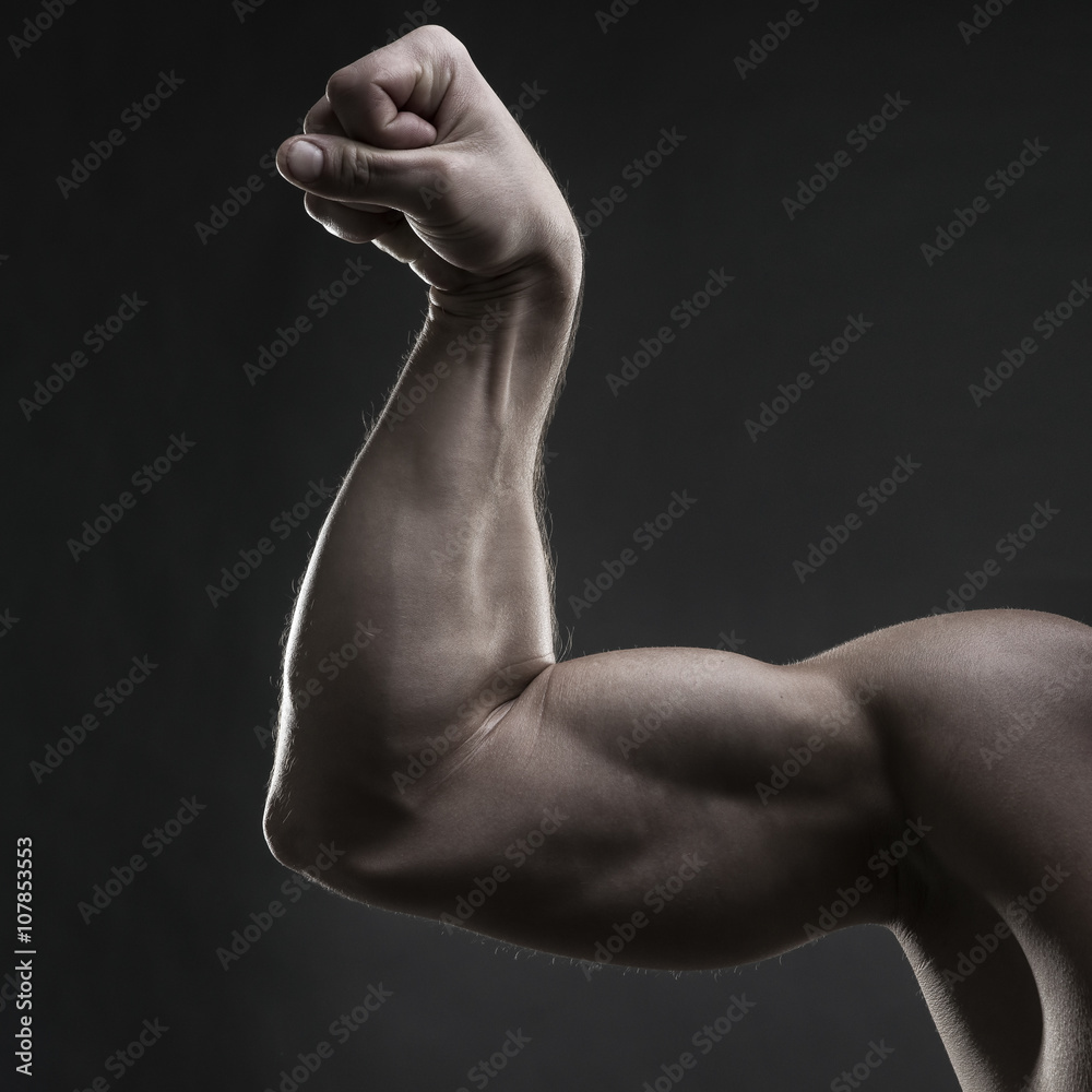 Handsome muscular bodybuilder posing on gray background. Low key studio shot Handsome muscular bodybuilder posing on gray background. Low key studio shot