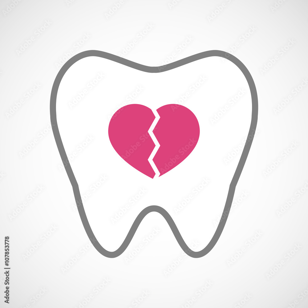 Line art tooth icon with a broken heart Line art tooth icon with a broken heart