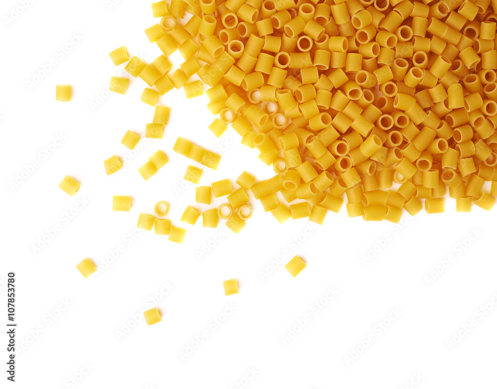 Pile of dry ditalini pasta over isolated white background