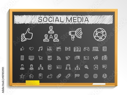 Social media hand drawing line icons. Vector doodle pictogram set. chalk sketch sign illustration on blackboard with hatch symbols, post, like, blog, forum, share, online, profile, relationship.