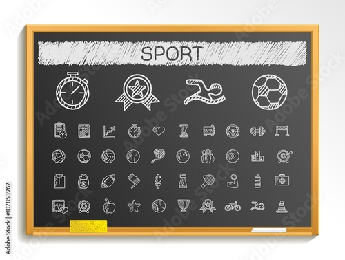 Sport hand drawing line icons. Vector doodle pictogram set. chalk sketch sign illustration on blackboard with hatch symbols, baseball and football, tennis, bicycle, pool, soccer, rugby, fitness.