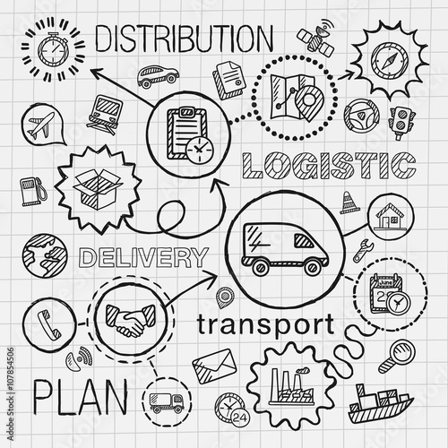 Logistic hand draw integrated icons set. Vector sketch infographic illustration with line connected doodle hatch pictograms on paper. distribution, shipping, transport, services, container concepts