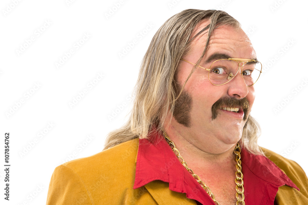 funny vintage 70s man with sideburn mustache and long hair portrait isolated on white Stock