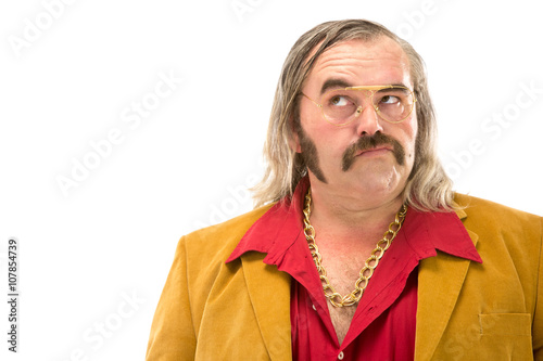 Konstfotografi funny vintage 70s man with sideburn mustache and long hair portrait isolated on