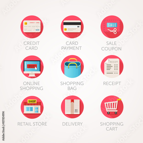 shopping icons set. Modern flat colored illustrations. Online commerce and retail business related icons.