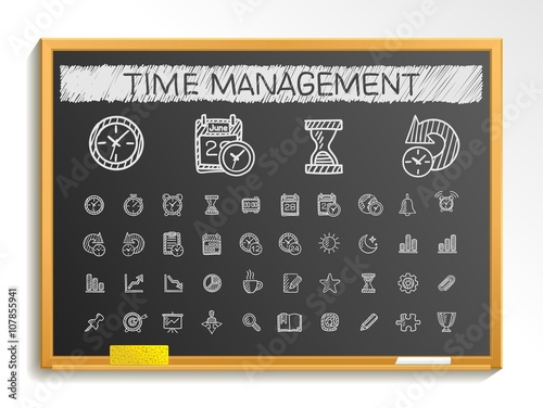 Time management hand drawing line icons. Vector doodle pictogram set. chalk sketch sign illustration on blackboard with hatch symbols, schedule, alarm, event, calendar graphic, plan, date and bell.