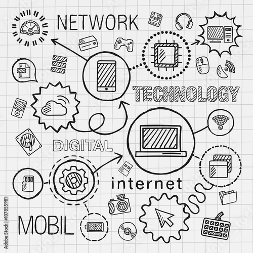 Technology hand draw integrated icons set. Vector sketch infographic illustration. Line connected doodle hatch pictogram on paper. computer, digital, network, business, internet, media, mobile concept