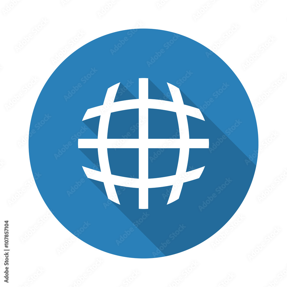 Flat white Globe web icon with long drop shadow on blue circle Flat white Globe web icon with long drop shadow on blue circle