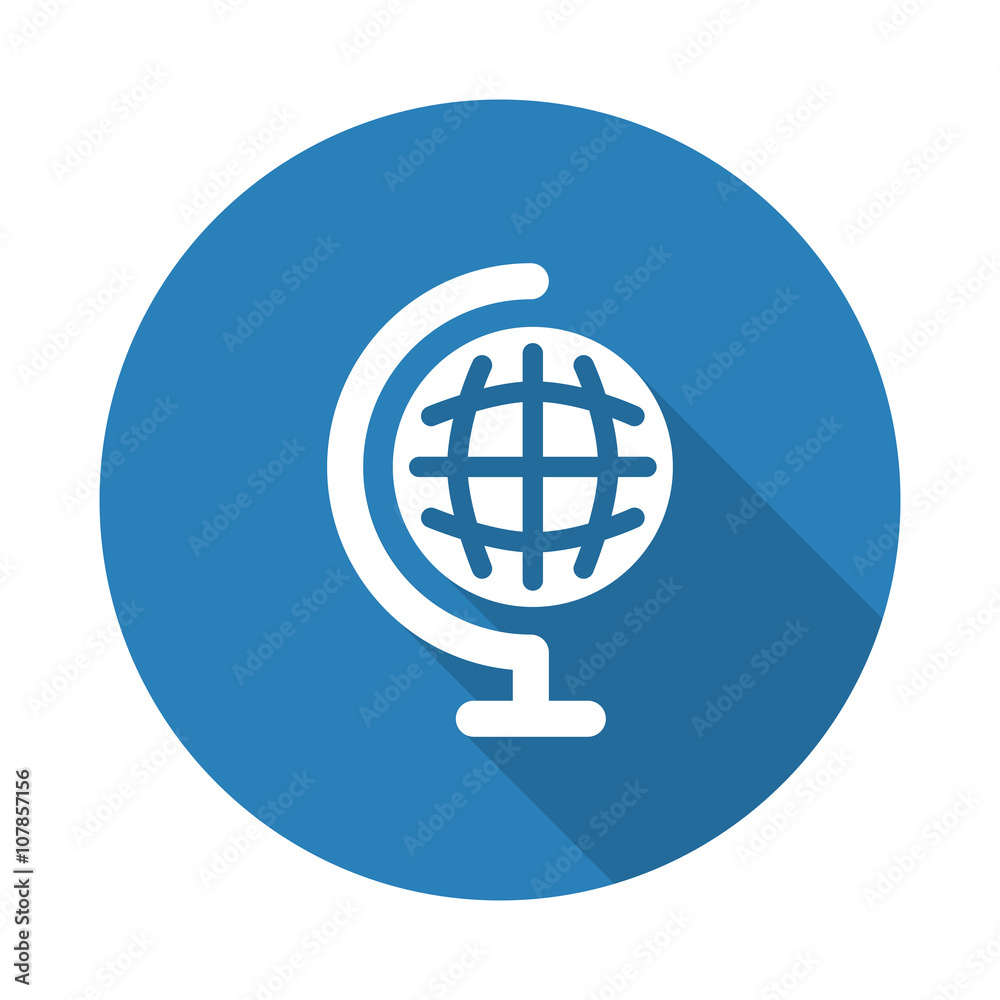 Flat white Earth Globe web icon with long drop shadow on blue ci Flat white Earth Globe web icon with long drop shadow on blue ci