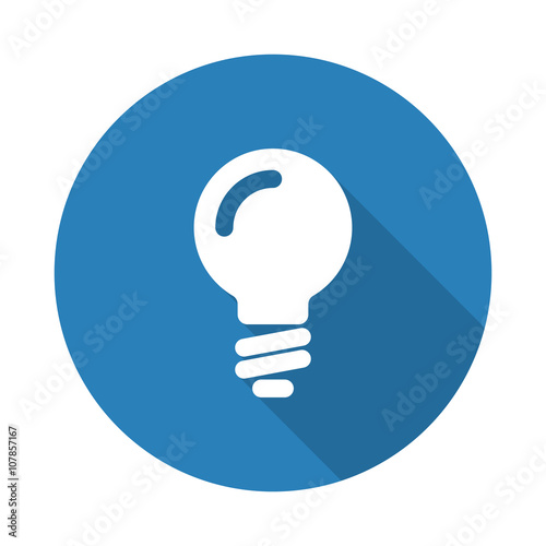 Flat white Light Bulb web icon with long drop shadow on blue cir
