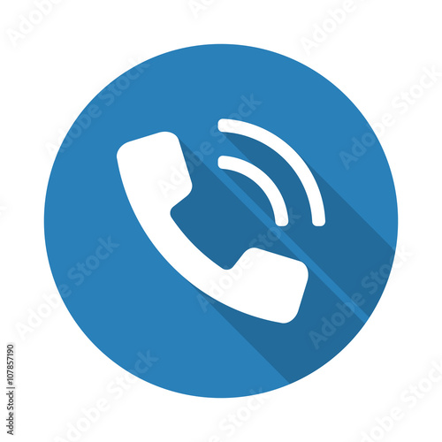 Flat white Phone web icon with long drop shadow on blue circle