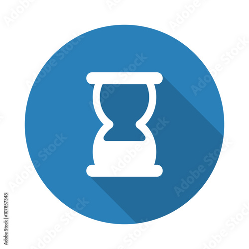 Flat white Hourglass web icon with long drop shadow on blue circ