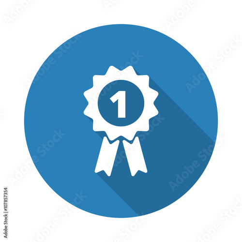 Flat white Prize Ribbon web icon with long drop shadow on blue c