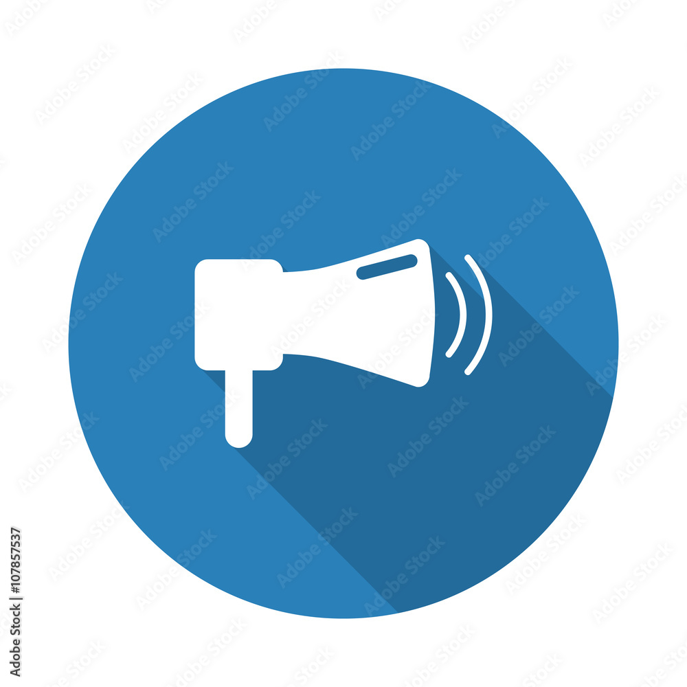 Flat white Megaphone web icon with long drop shadow on blue circ Flat white Megaphone web icon with long drop shadow on blue circ