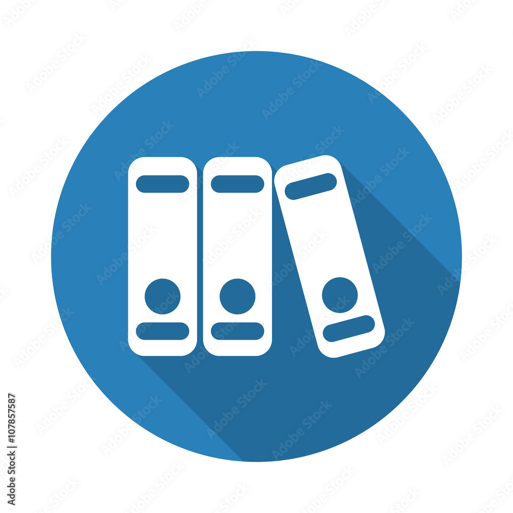 Flat white Binders web icon with long drop shadow on blue circle Flat white Binders web icon with long drop shadow on blue circle