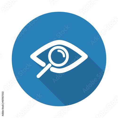 Flat white Observation web icon with long drop shadow on blue ci