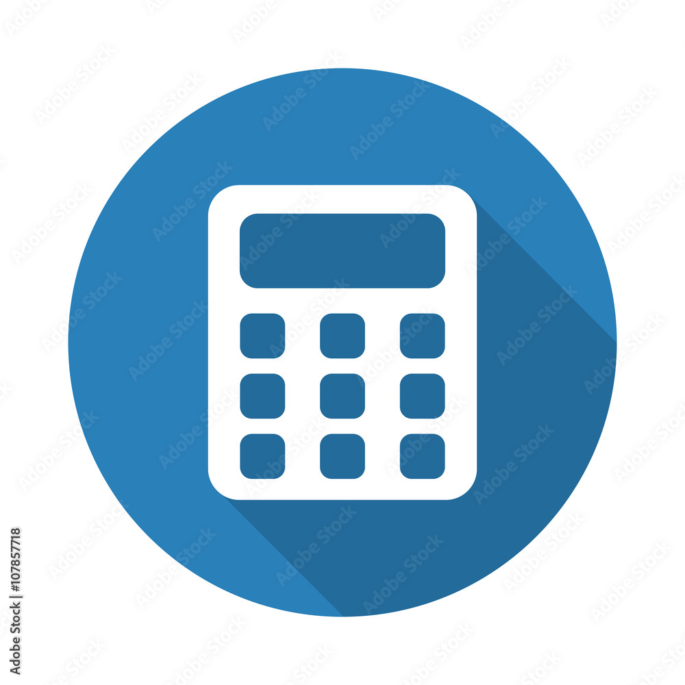 Flat white Calculator web icon with long drop shadow on blue cir Flat white Calculator web icon with long drop shadow on blue cir