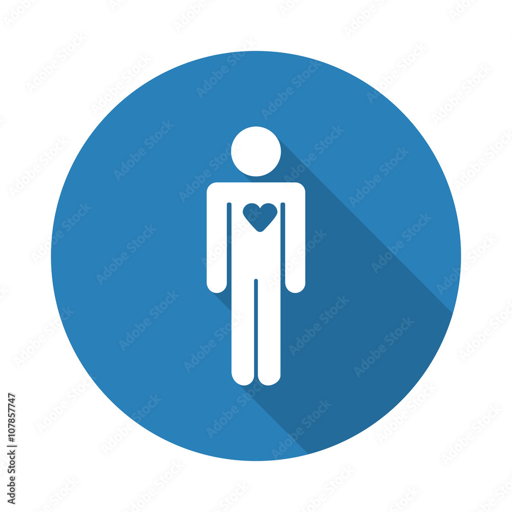 Flat white Heart web icon with long drop shadow on blue circle Flat white Heart web icon with long drop shadow on blue circle