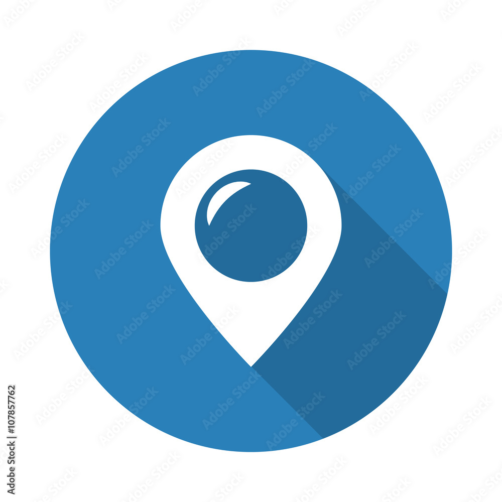 Flat white Place web icon with long drop shadow on blue circle Flat white Place web icon with long drop shadow on blue circle