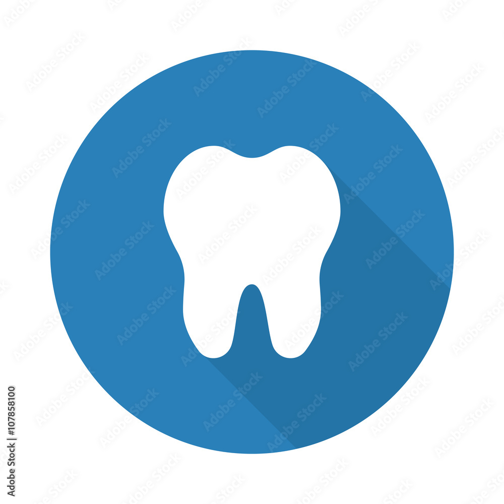 Flat white Tooth web icon with long drop shadow on blue circle Flat white Tooth web icon with long drop shadow on blue circle