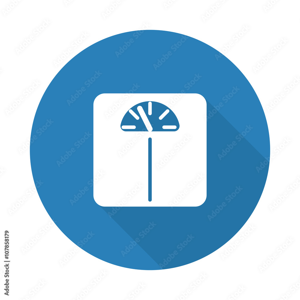 Flat white Personal Scale web icon with long drop shadow on blue Flat white Personal Scale web icon with long drop shadow on blue