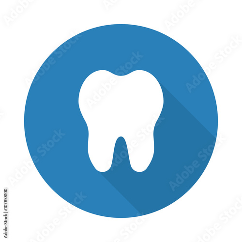 Flat white Tooth web icon with long drop shadow on blue circle