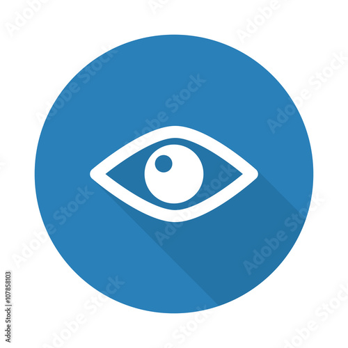 Flat white Eye web icon with long drop shadow on blue circle