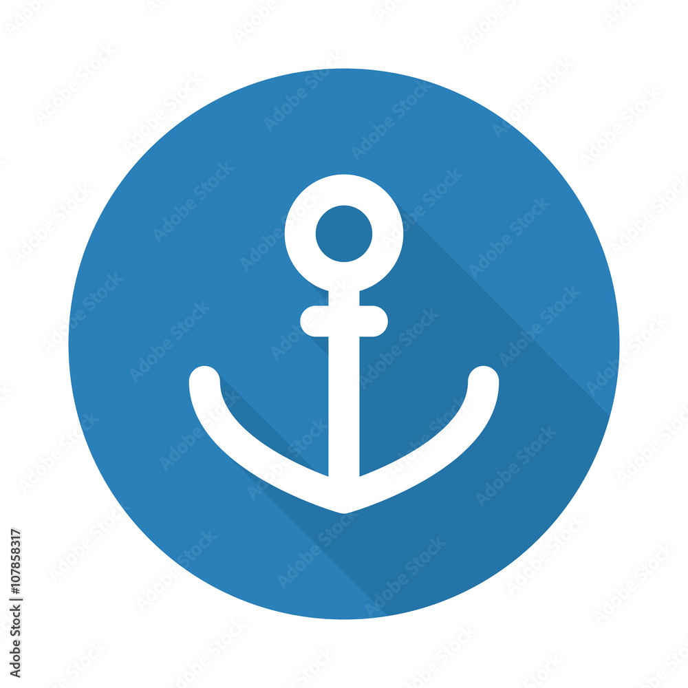 Flat white Anchor web icon with long drop shadow on blue circle Flat white Anchor web icon with long drop shadow on blue circle