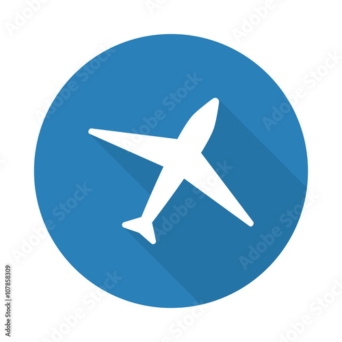 Flat white Airplane web icon with long drop shadow on blue circl