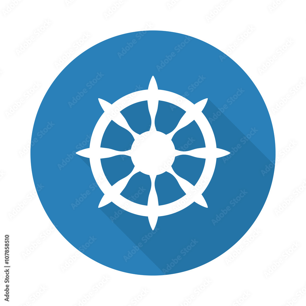Flat white Boat Wheel web icon with long drop shadow on blue cir