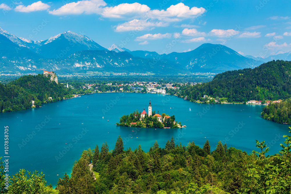 Panoramic view of Bled Lake, Slovenia - obrazy, fototapety, plakaty 
