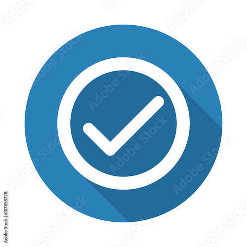 Flat white Confirm web icon with long drop shadow on blue circle