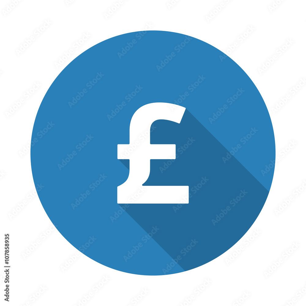 Flat white Pound web icon with long drop shadow on blue circle Flat white Pound web icon with long drop shadow on blue circle