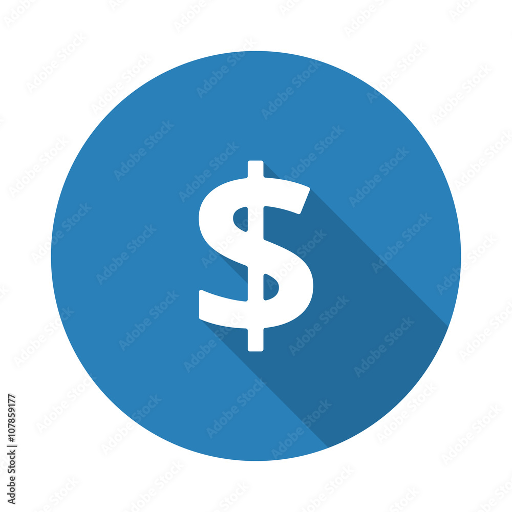 Flat white Dollar web icon with long drop shadow on blue circle Flat white Dollar web icon with long drop shadow on blue circle