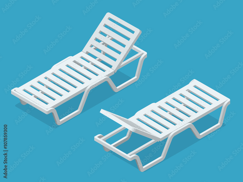 Beach chairs isolated on white background. Plastic beach chaise longue Flat  3d isometric illustration. Stock Vector | Adobe Stock