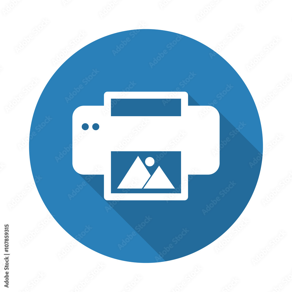 Flat white Photo Printing web icon with long drop shadow on blue Flat white Photo Printing web icon with long drop shadow on blue
