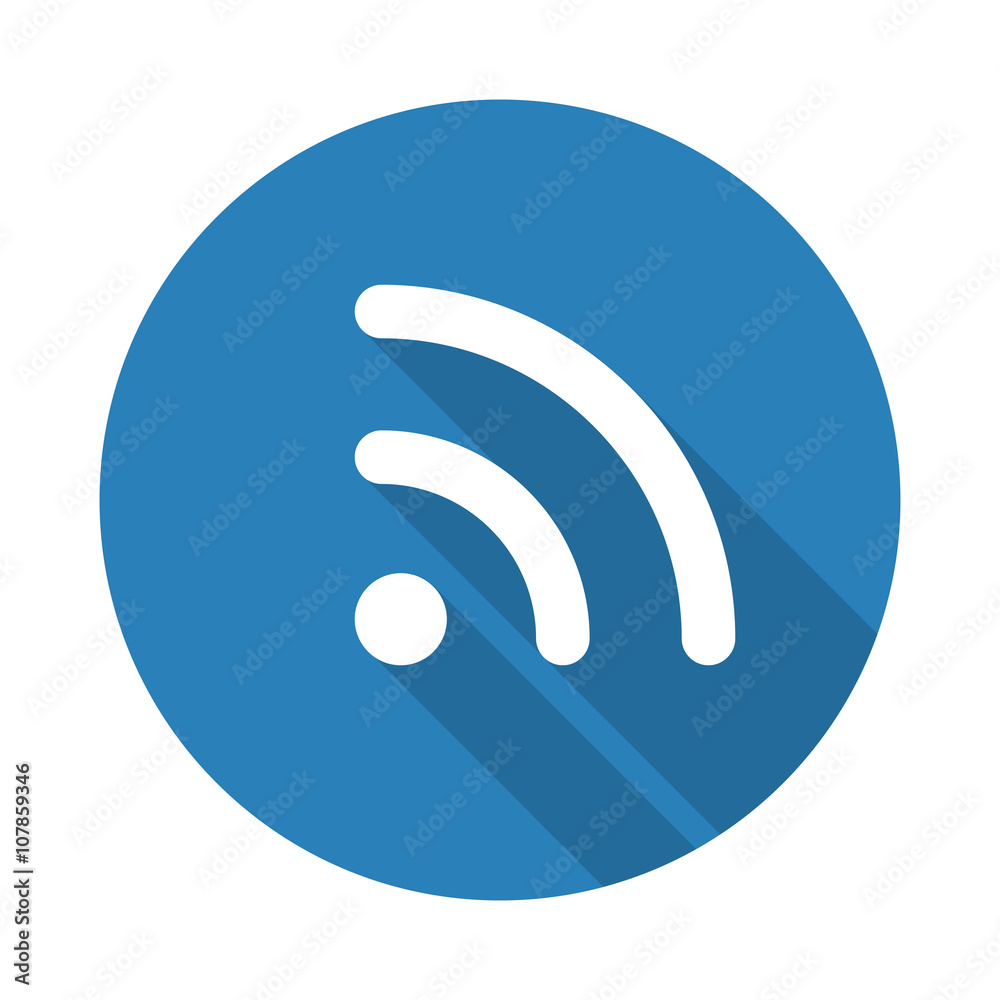 Flat white Rss web icon with long drop shadow on blue circle Flat white Rss web icon with long drop shadow on blue circle