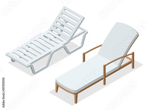 Beach chairs isolated on white background. Wooden beach chaise longue Flat 3d isometric vector illustration.