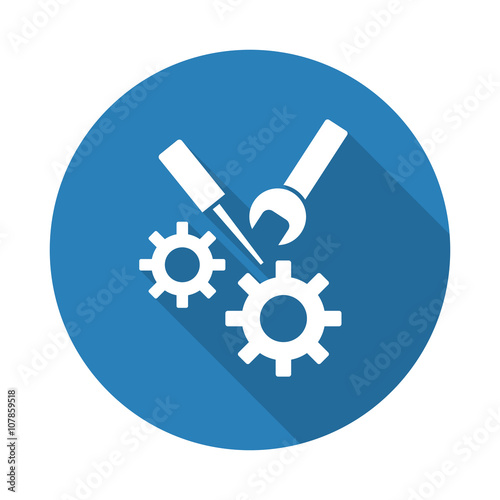 Flat white Service web icon with long drop shadow on blue circle