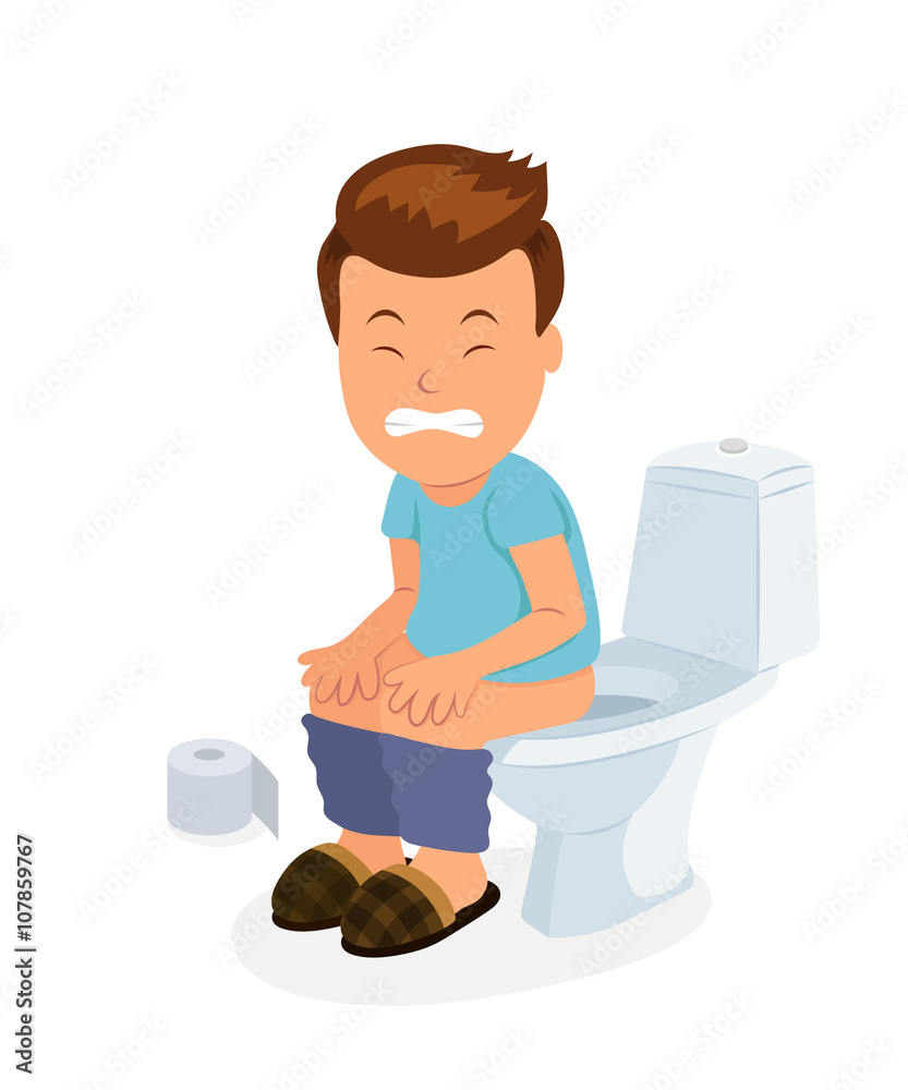 Cartoon boy sitting on the toilet with stomach upset and diarrhea. Isolated vector character of male sitting on the toilet. Cartoon boy sitting on the toilet with stomach upset and diarrhea. Isolated vector character of male sitting on the toilet.