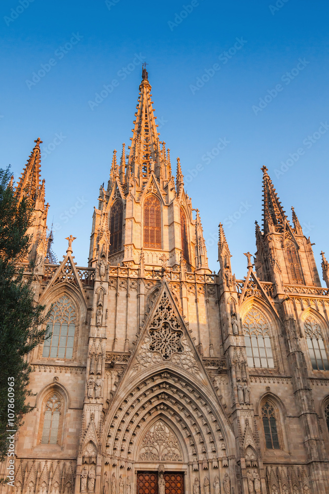  Barcelona Cathedral. Facade over blue sky