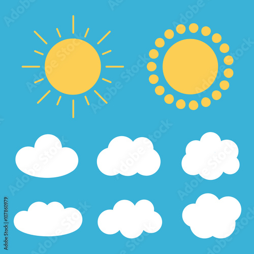 Flat design cartoon cute cloud and sun set, collection on blue background.