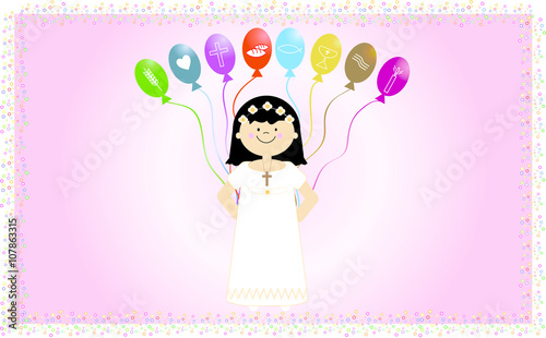 girl communion with colorful balloons