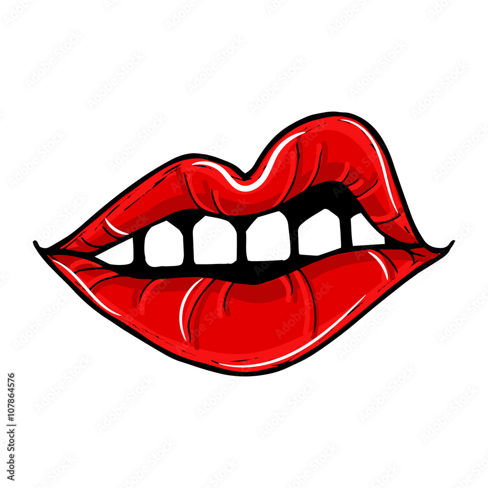 Open female mouth with red lips. Womens lips isolated on a white background. Vector illustration of sexy lips. Mouth kiss.
