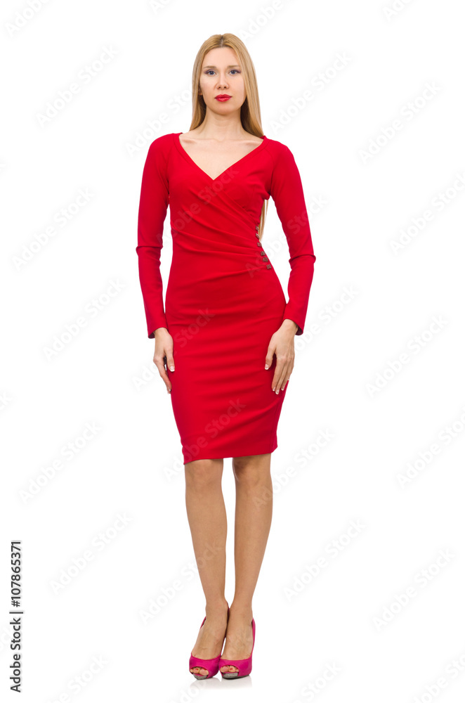 Tall young woman in red dress isolated on white Tall young woman in red dress isolated on white