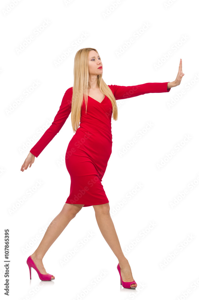 Tall young woman in red dress isolated on white Tall young woman in red dress isolated on white