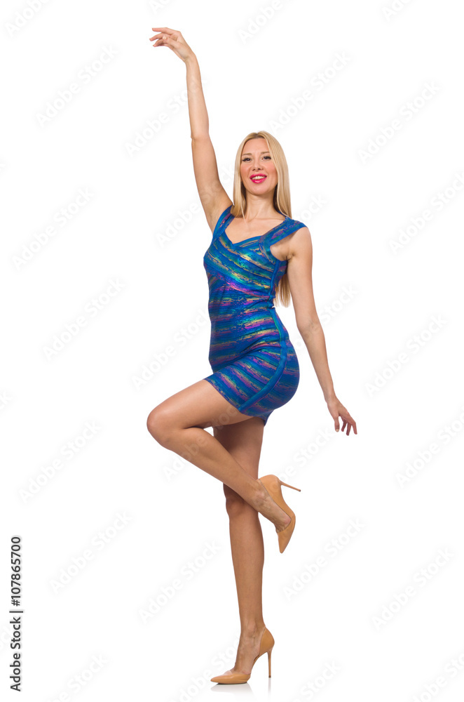 Tall blond woman in mini blue dress isolated on white