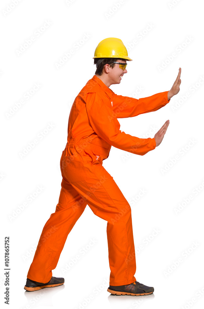 Man in orange coveralls isolated on white Man in orange coveralls isolated on white