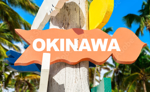 Okinawa signpost with palm trees